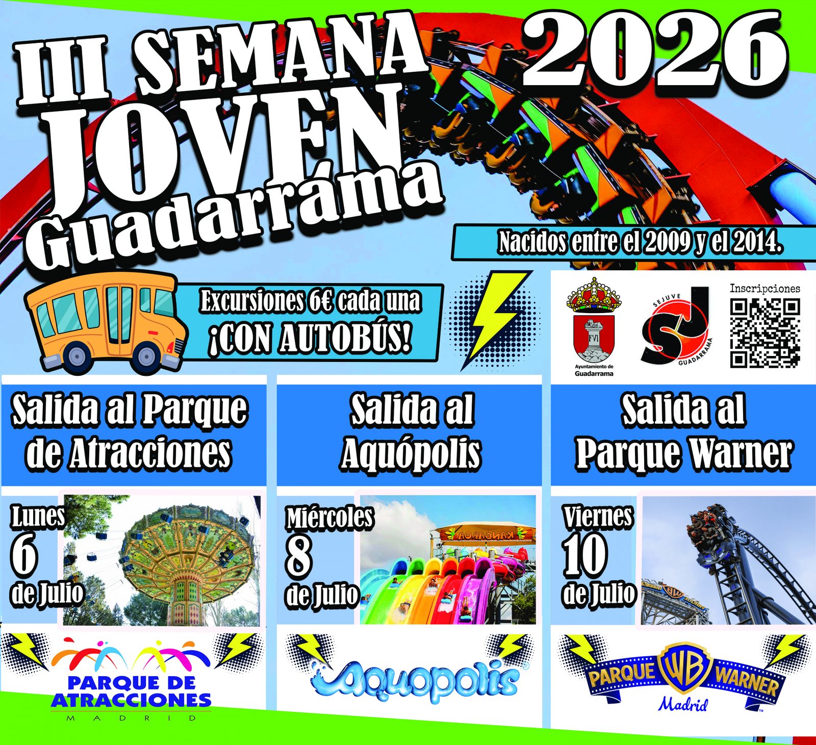 Cartel informativo de la III Semana Joven 2026 de Guadarrama con el programa de excursiones a parques temáticos.
