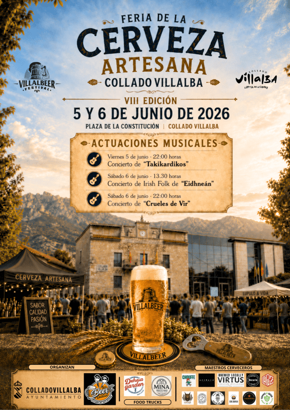 Cartel de VillalBeer 2026 con una gran jarra de cerveza en primer plano y un fondo de personas en una plaza frente a un ayuntamiento.