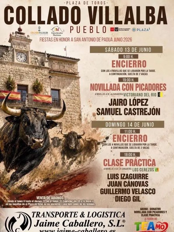 Cartel promocional de los festejos taurinos de junio de 2026 en Collado Villalba Pueblo con la foto de un toro.