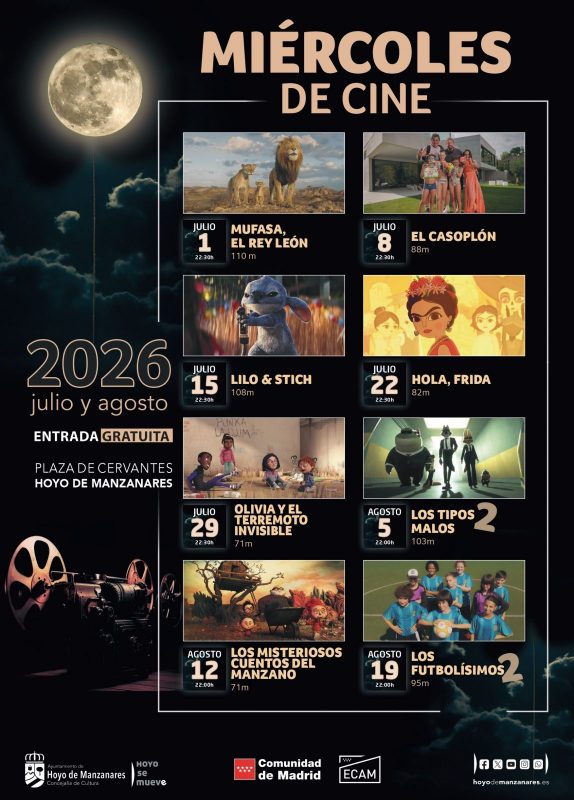 Cartel de "Miércoles de Cine 2026" con programación de películas, una gran luna llena y un antiguo proyector de cine.