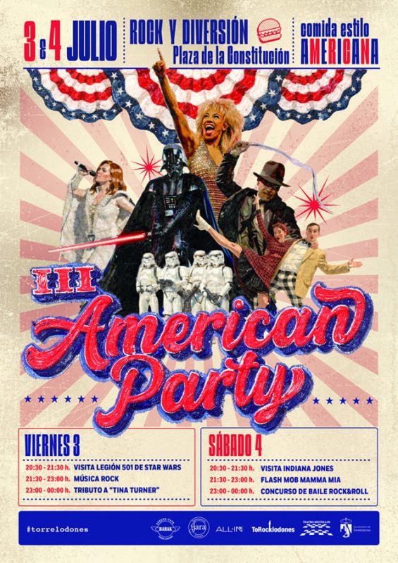 Cartel de la III American Party con dibujos de Darth Vader, Tina Turner e Indiana Jones sobre fondo de rayas rojas y blancas.