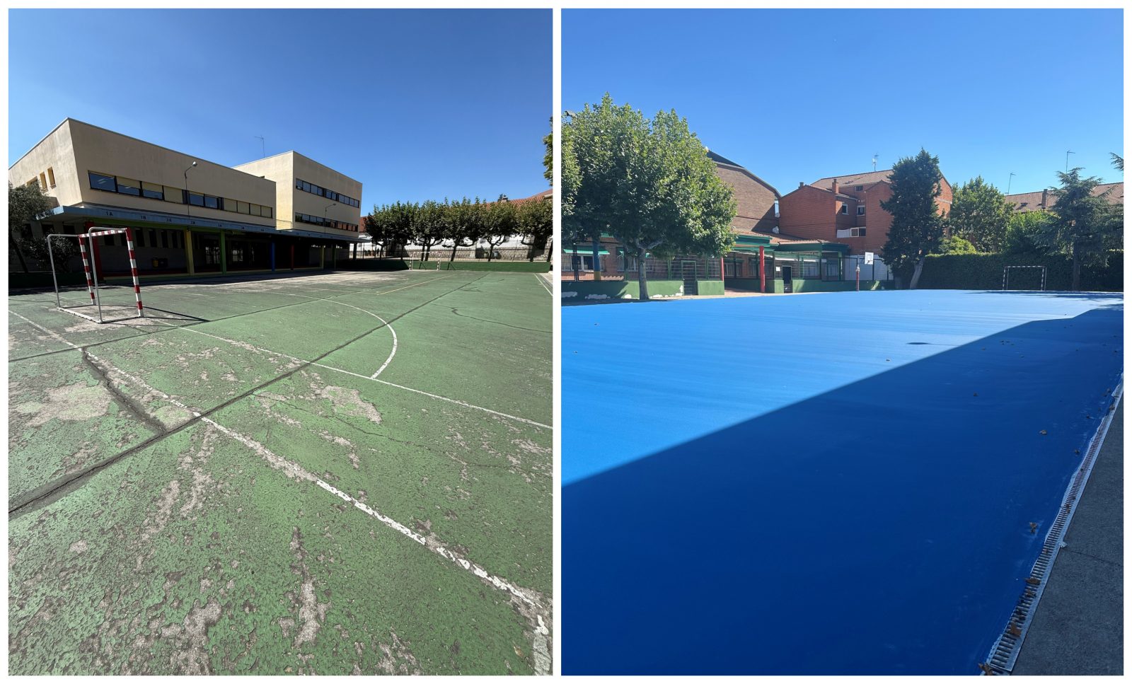Antes y después de la mejora de la pista deportiva del colegio Carlos Ruiz, en Galapagar