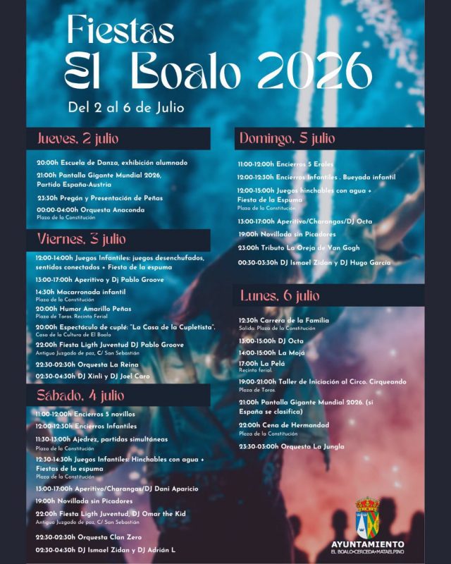 Cartel azul de las Fiestas El Boalo 2026 con el programa de actividades detallado del 2 al 6 de julio.