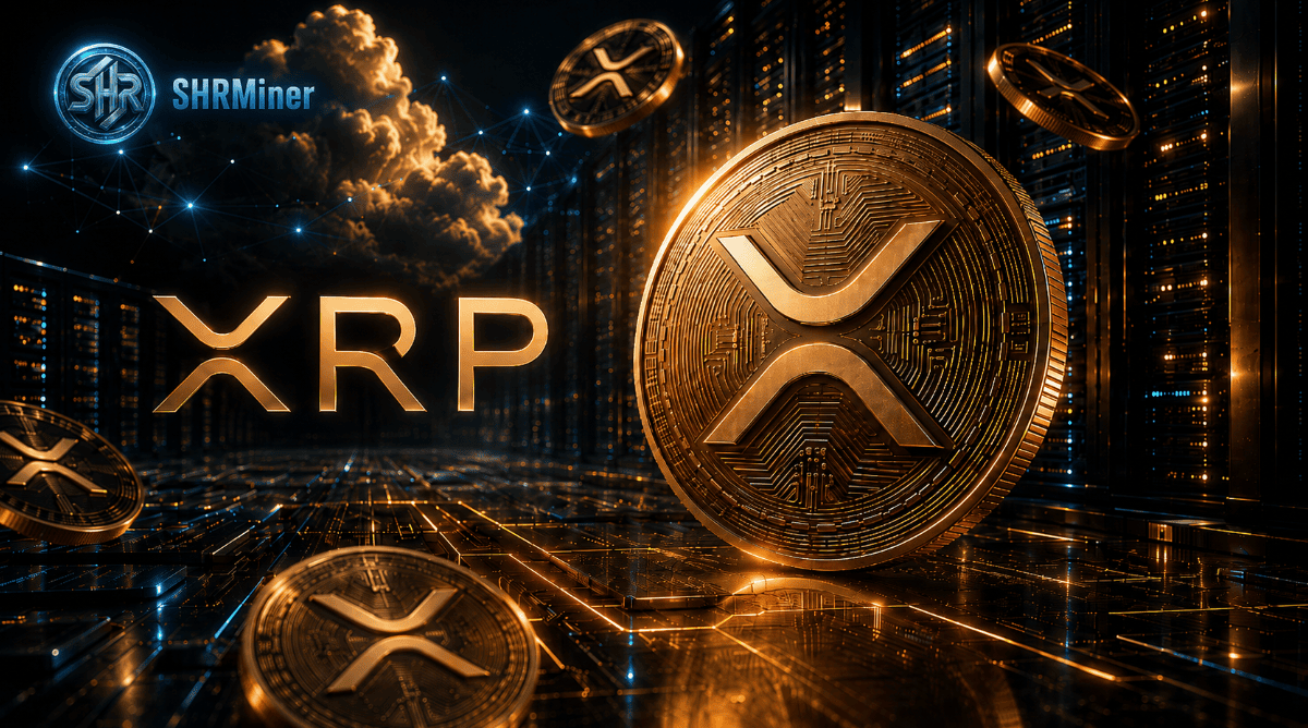 Monedas doradas con el símbolo de XRP frente a racks de servidores iluminados en un centro de datos.