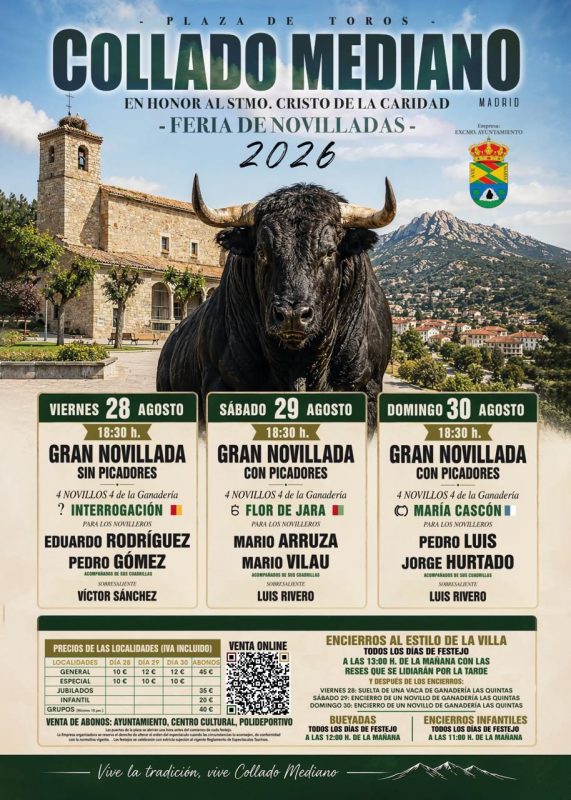 Cartel oficial de la Feria de Novilladas 2026 de Collado Mediano con la imagen de un toro y la programación del evento.