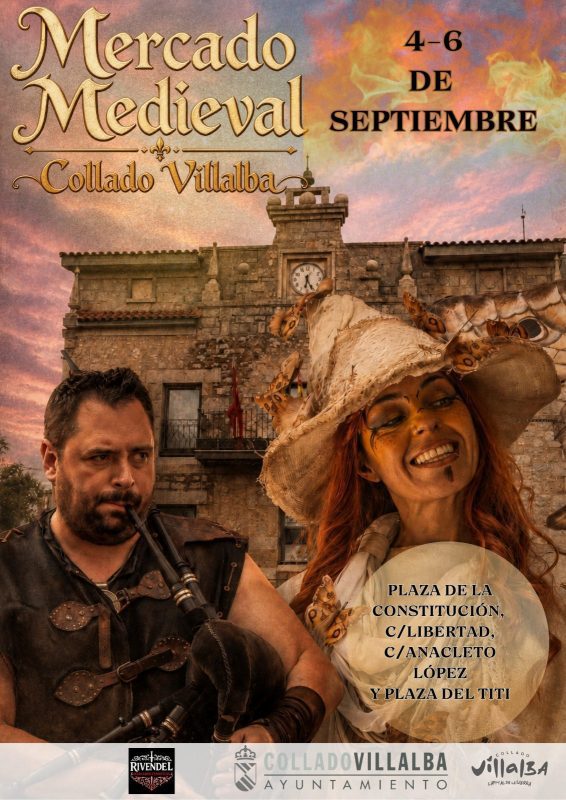 Cartel del Mercado Medieval de Collado Villalba con músicos caracterizados y un ayuntamiento al fondo.