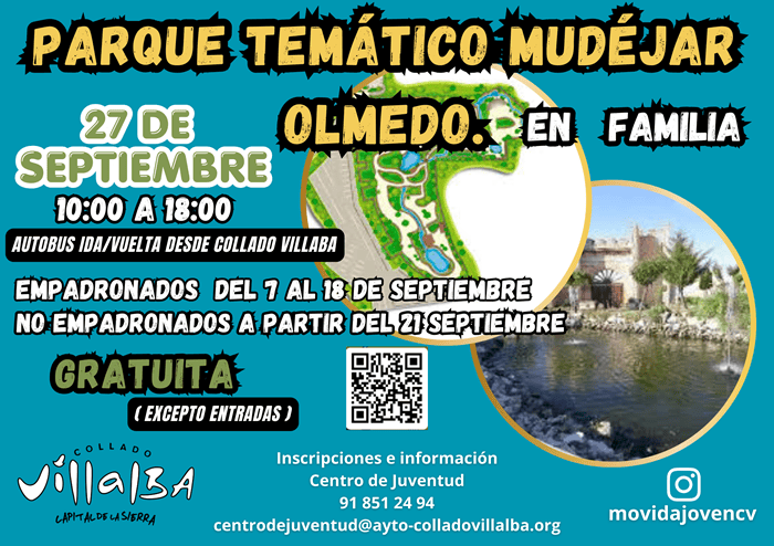 Cartel del viaje a Olmedo y Parque Temático Mudéjar del programa Excursiones en Familia.