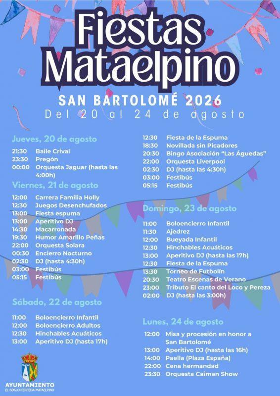 Cartel oficial de las Fiestas de Mataelpino 2026 en honor a San Bartolomé con la programación.