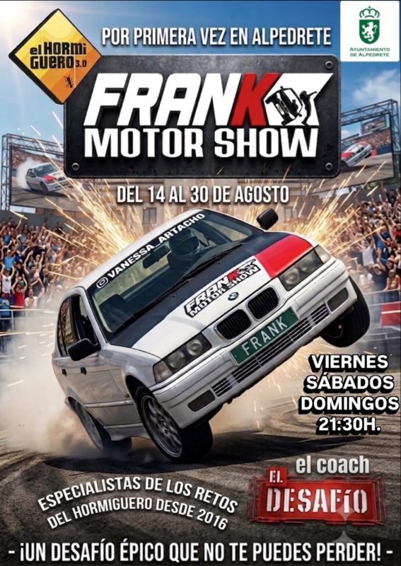 Cartel del Frank Motor Show en Alpedrete con un coche blanco haciendo acrobacias sobre dos ruedas ante el público.