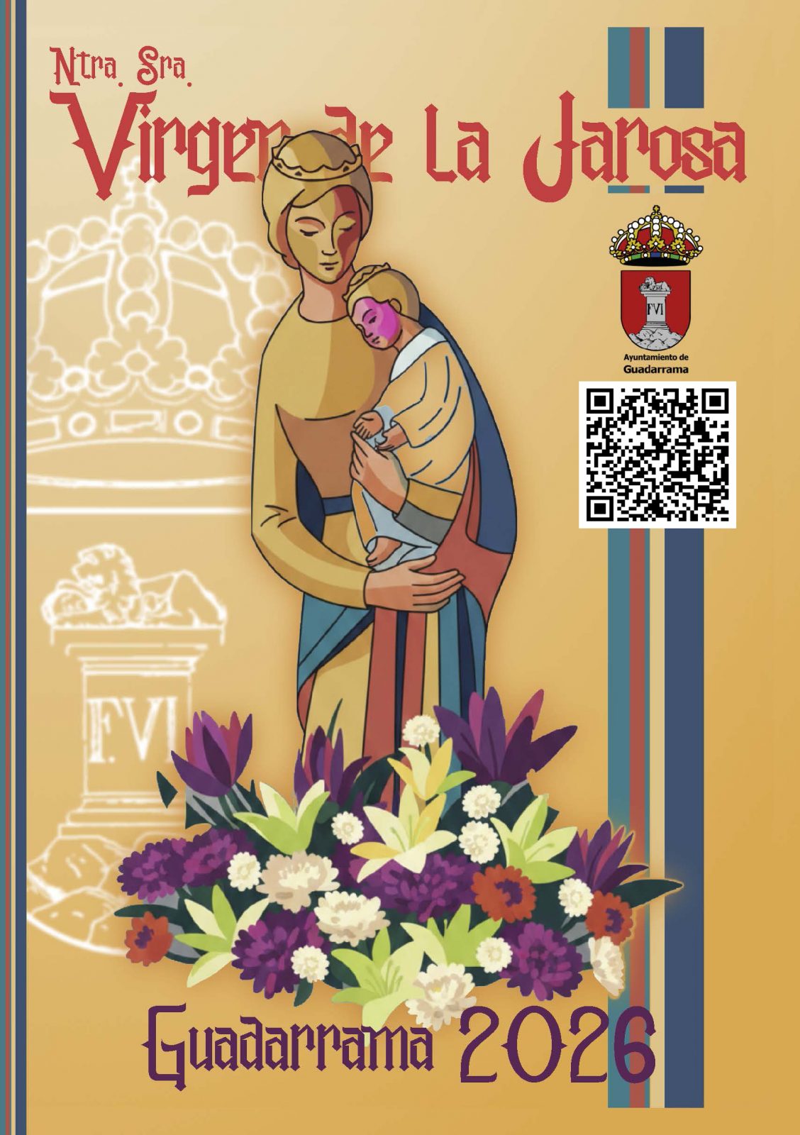 Cartel de las Fiestas de Guadarrama 2026 con la ilustración de la Virgen de la Jarosa y un arreglo floral.