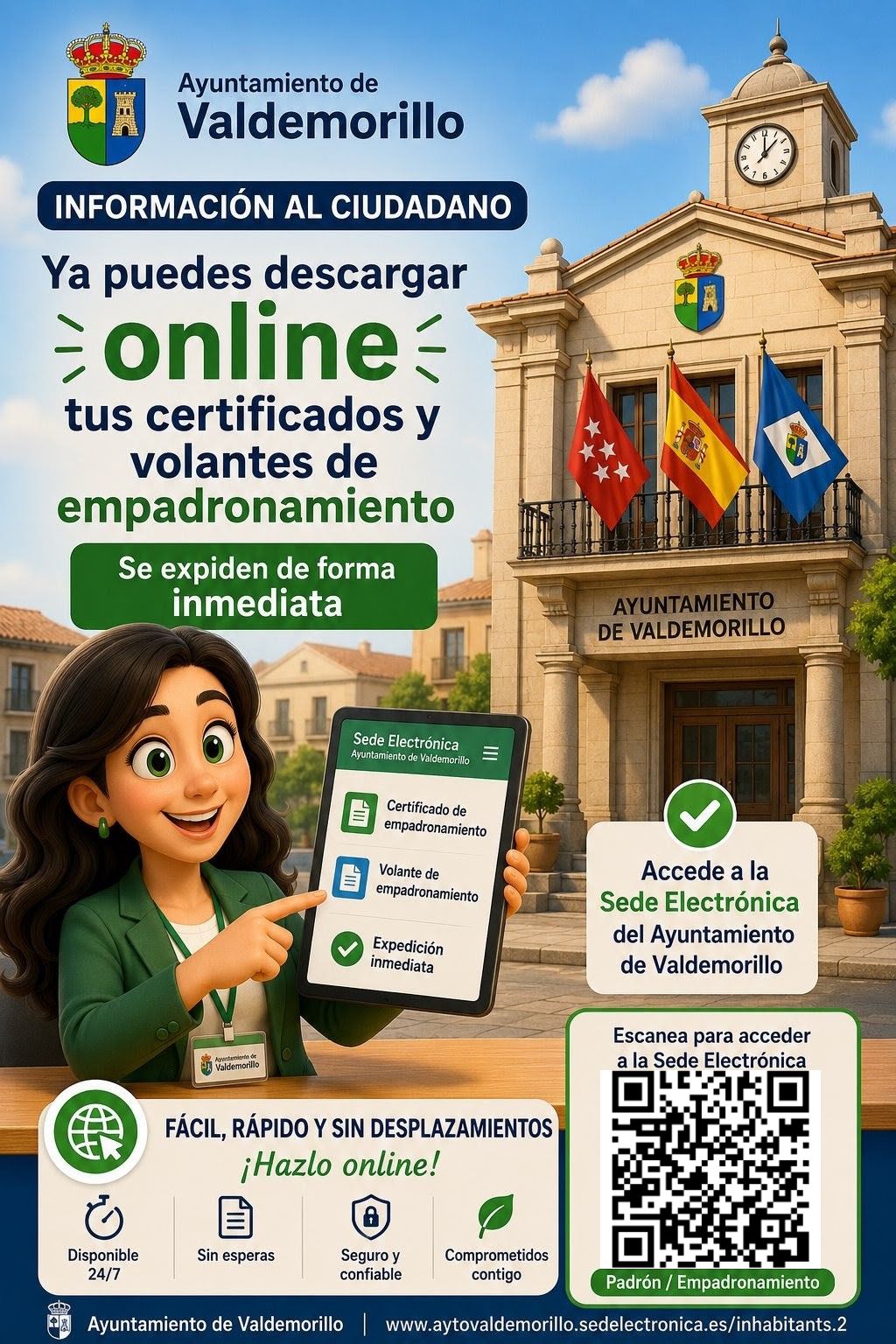 Cartel del Ayuntamiento de Valdemorillo que anuncia la descarga en línea de certificados y volantes de empadronamiento.