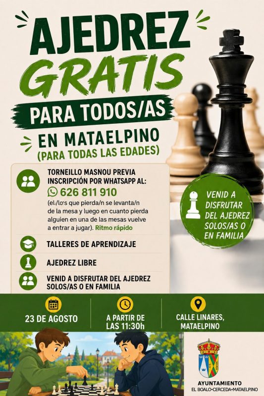 Cartel con piezas de ajedrez y dos niños jugando en un parque ilustrado.