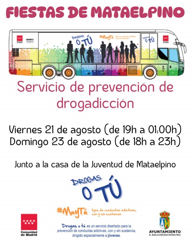 Cartel del servicio de prevención de drogadicción con ilustración de un autobús y jóvenes.