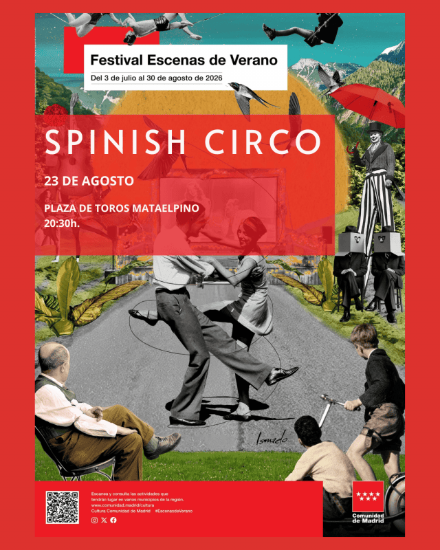 Cartel del espectáculo "Spinish Circo" del Festival Escenas de Verano en color rojo.