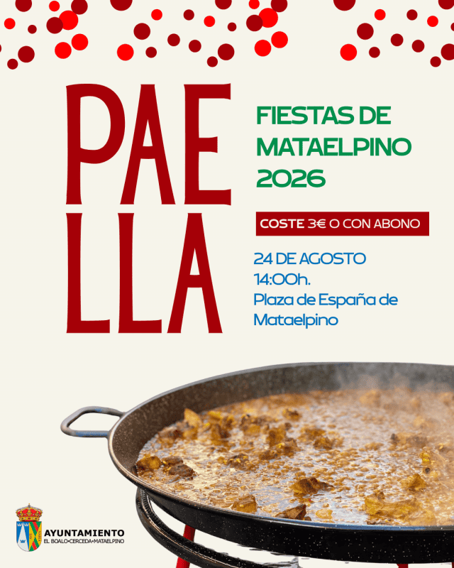 Cartel publicitario sobre fondo claro con una paella cocinándose en una paellera.