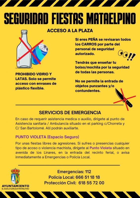 Cartel informativo amarillo sobre normas de seguridad, acceso a la plaza y teléfonos.
