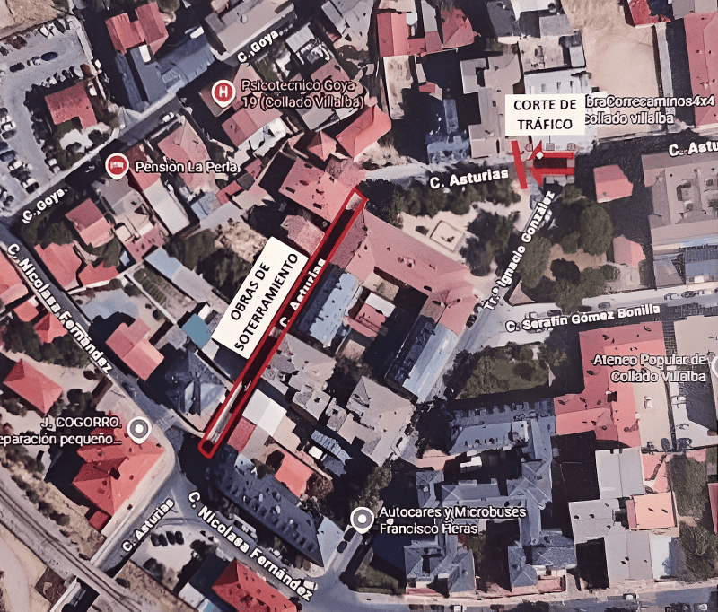 Mapa aéreo de la calle Asturias en Collado Villalba marcando el tramo de obras y el corte de tráfico.