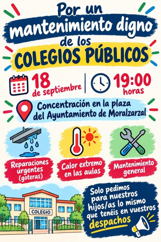 Cartel informativo de movilización por el mantenimiento de los colegios públicos en Moralzarzal.
