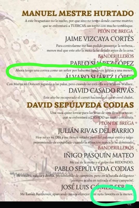 Cartel del folleto festivo con frases destacadas en verde sobre ligar con menores de edad.