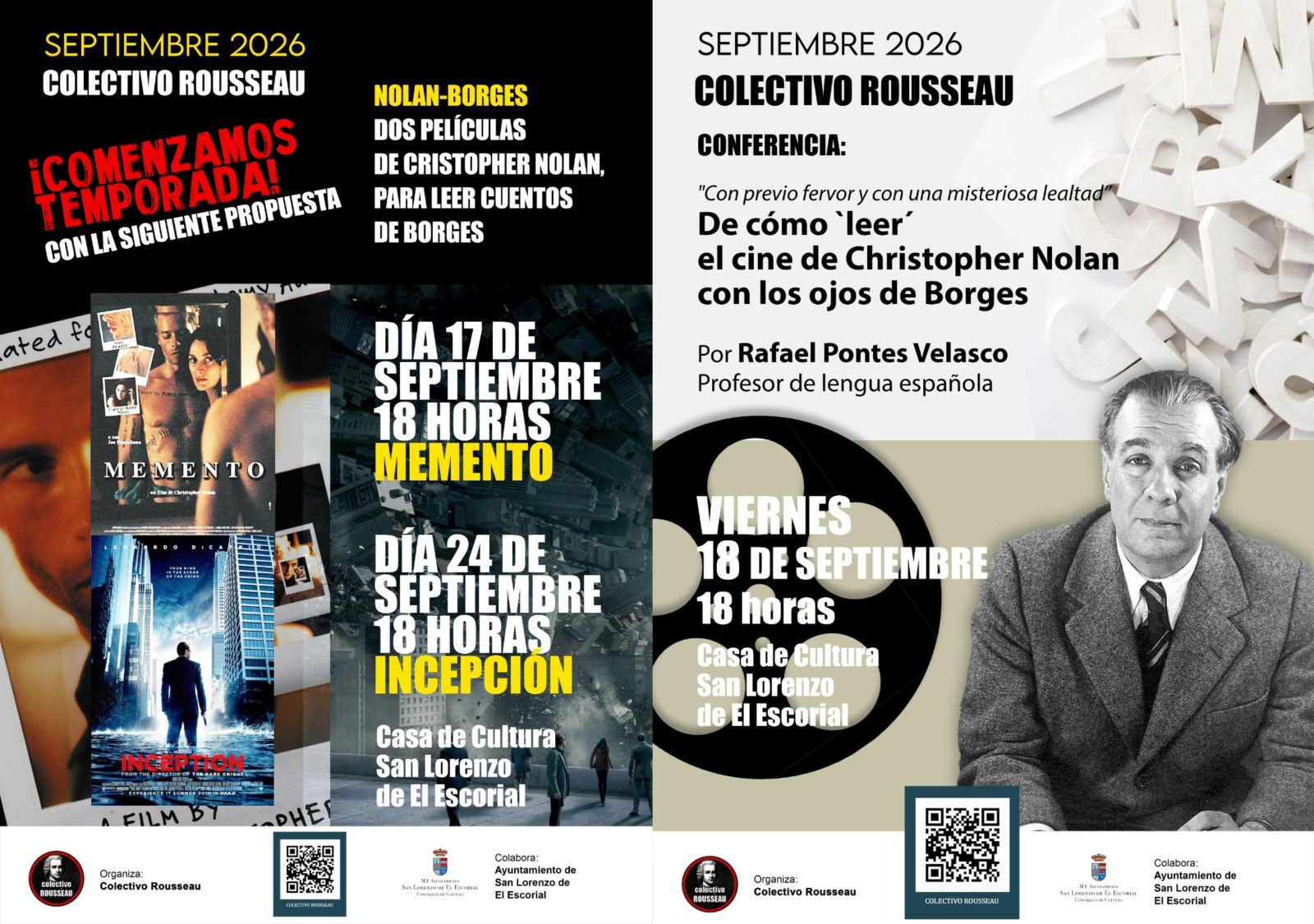 Cartel promocional del ciclo de cine y conferencias sobre Christopher Nolan y Jorge Luis Borges.