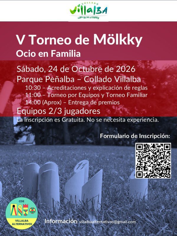 Cartel informativo del V Torneo de Mölkky en Collado Villalba con un código QR y bolos de madera sobre hierba.