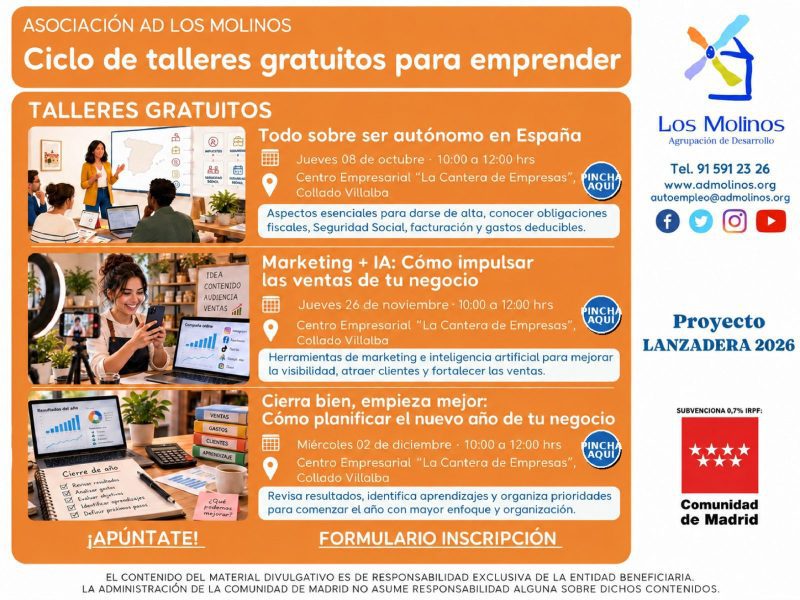 Cartel del ciclo de talleres gratuitos para emprender de la Asociación AD Los Molinos en Collado Villalba.