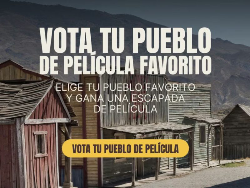 Cartel promocional del certamen para elegir el Mejor Pueblo de Película con un botón de voto.