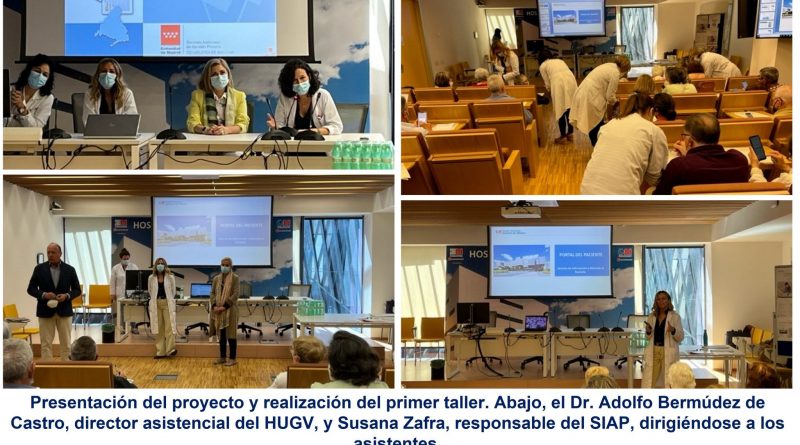 2022 06 14 Presentación del proyecto y realización del primer taller. Abajo, el Dr. Adolfo Bermúdez de Castro, director asistencial del HUGV, y Susana Zafra, responsable del SIAP, dirigiéndose a los asistentes.