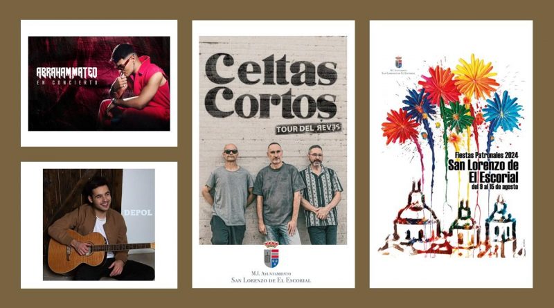Collage con el cartel anunciador de las fiestas de San Lorenzo de El Escorial e imágenes de Celtas Cortos, Abraham Mateo y DePol