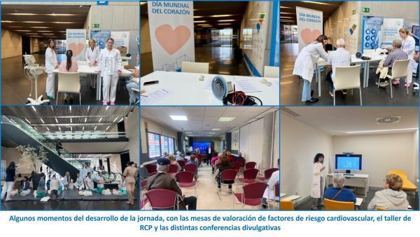 2025 10 03 Algunos momentos del desarrollo de la jornada en el HUGV, con las mesas de valoración de factores de riesgo cardiovascular, el taller de RCP y las distintas conferencias divulgativas