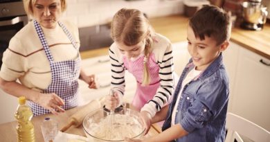 High angle view of two helpers and grandmother