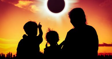 Natural phenomenon. Silhouette back view of family sitting and relaxing together. Boy point to solar eclipse on gold sky background. Happy family spending time together. Outdoor.