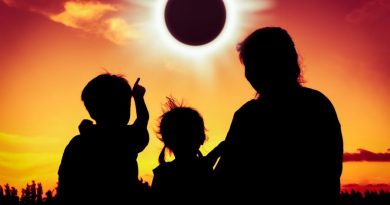 Natural phenomenon. Silhouette back view of family sitting and relaxing together. Boy point to solar eclipse on gold sky background. Happy family spending time together. Outdoor.