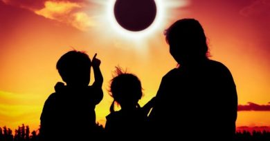 Natural phenomenon. Silhouette back view of family sitting and relaxing together. Boy point to solar eclipse on gold sky background. Happy family spending time together. Outdoor.