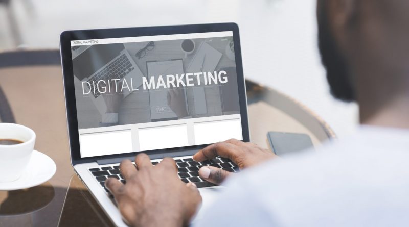 Digital Marketing. Unrecognizable African Man Working On Laptop Promoting His Online Business Sitting In Cafe Outdoors. E-Commerce And Web Content Promotion. Panorama, Collage With Text